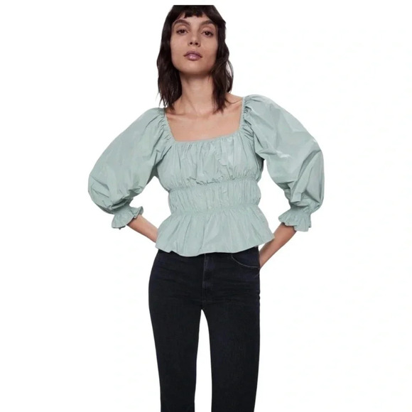 Zara Peplum Top Pistachio Green Medium | Milkmaid Cottage Coastal Fairy Romantic - Picture 1 of 8